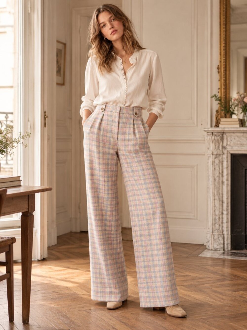 Sézane Loulou Trousers Pastel Check Wool Wide Leg Pants